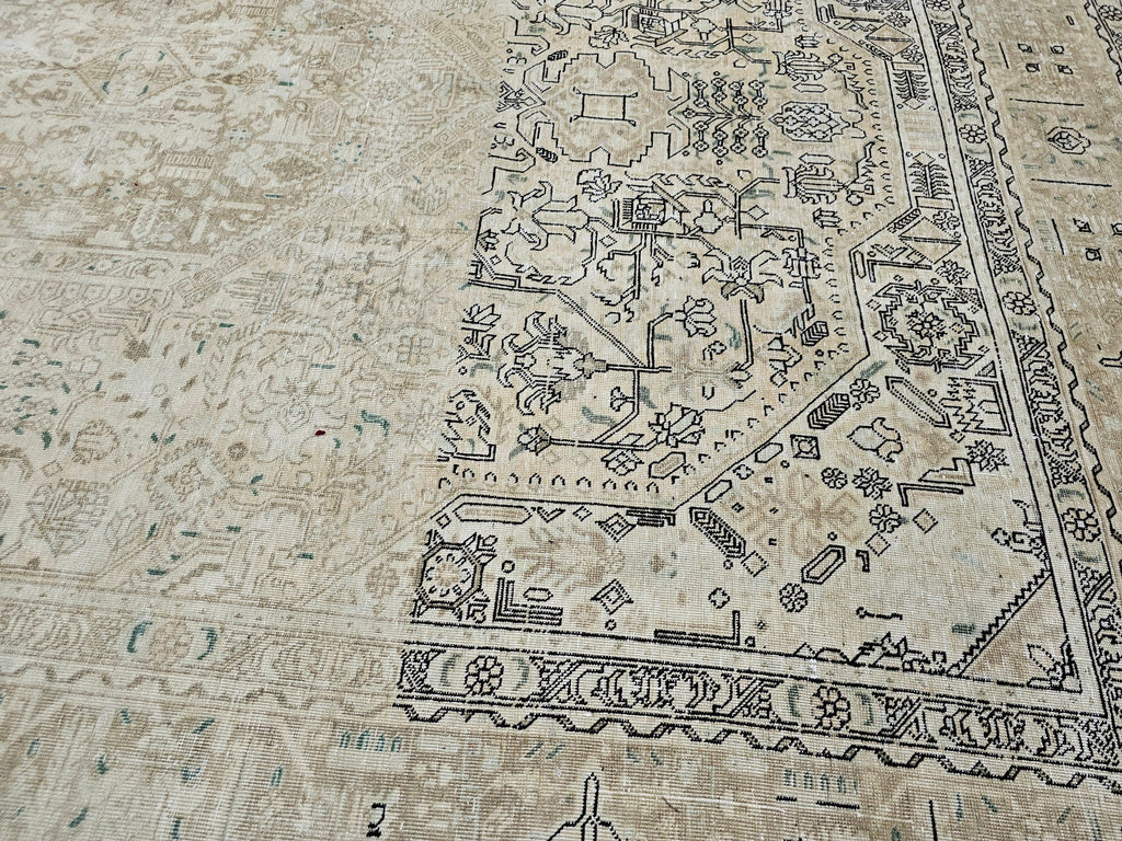 9x12 Neutral Oushak Area Rug:  Handmade Vintage Turkish Geometric Area Carpet