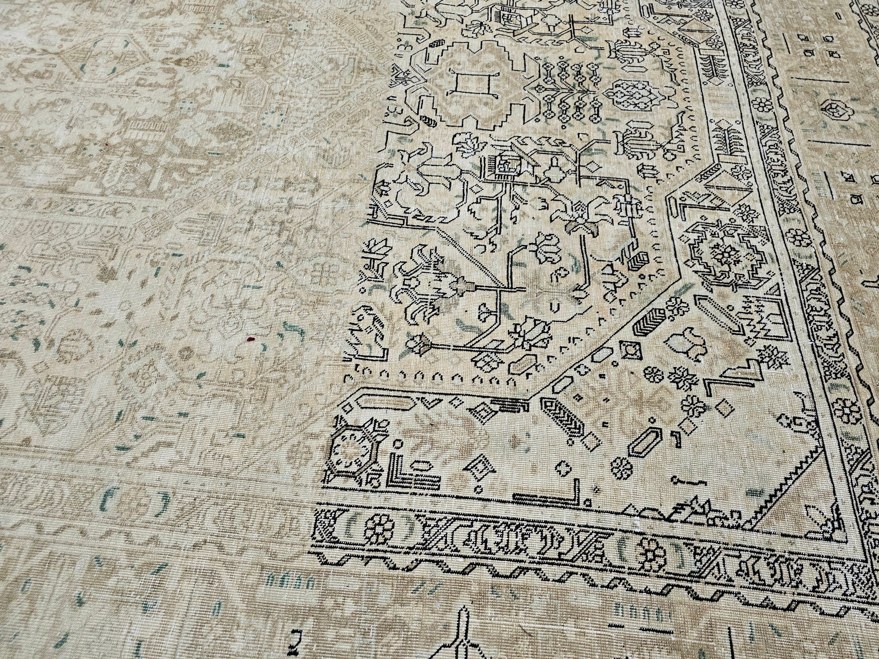 9x12 Neutral Oushak Area Rug:  Handmade Vintage Turkish Geometric Area Carpet