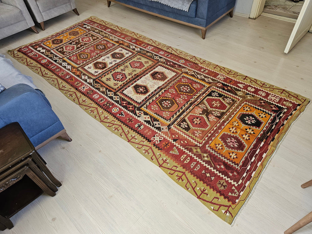 Vintage Anatolian Kilim Rug: 5x11.6 ft, Vegetable Dyed Turkish Rug
