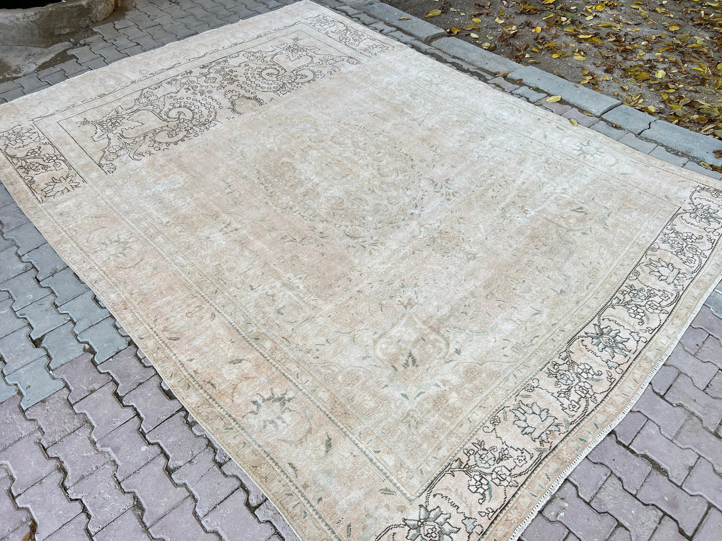 Hand Knotted 9x12 Area Rug/ Oversize Neutral Vintage Rug/ Beige Cream Tan Brown Rug/ Distressed Wool Rug/ Muted Oushak Rug /9.30x12.40 feet