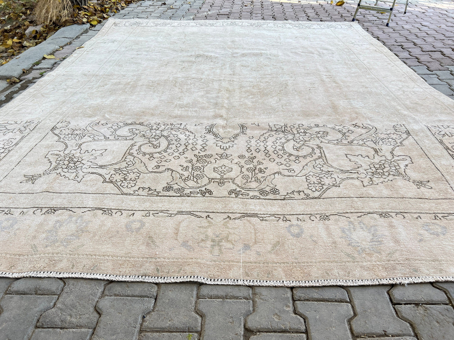 Hand Knotted 9x12 Area Rug/ Oversize Neutral Vintage Rug/ Beige Cream Tan Brown Rug/ Distressed Wool Rug/ Muted Oushak Rug /9.30x12.40 feet