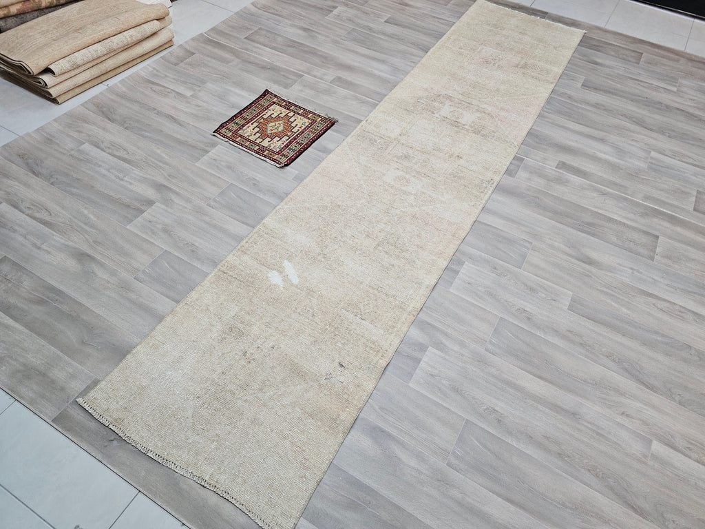 Oushak Turkish Runner Rug 3x13: Neutral Distressed Wool Hallway Rug