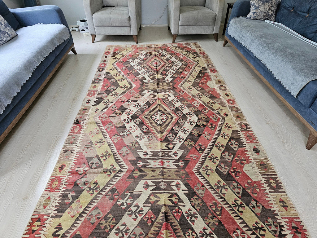 Vintage Oushak Kilim Rug: Large Turkish Bohemian Area Rug (4.9 x 12.25 ft)