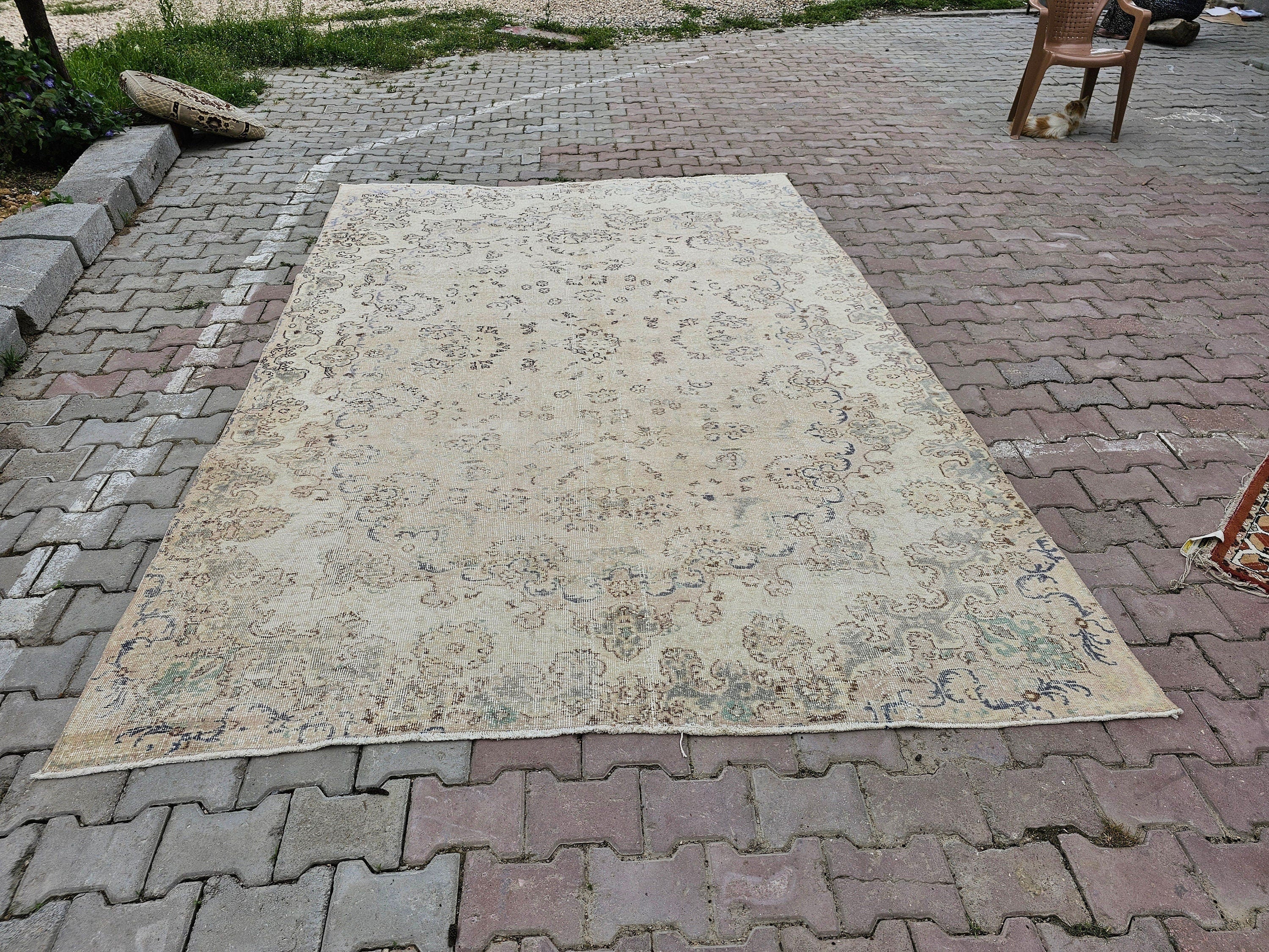 Vintage Oushak Rug 7x10: Handmade Turkish Wool Area Rug