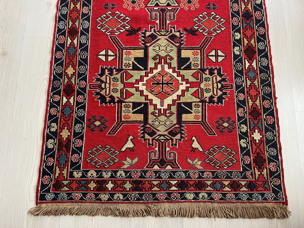 Vintage Heriz Runner Rug: Hand-Knotted Wool Geometric Design
