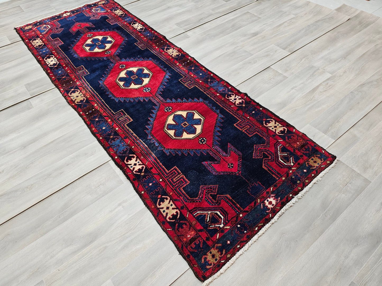 3.50x9.85 feet Traditional Wool Antique Persian Runner Rug Red Navy Blue