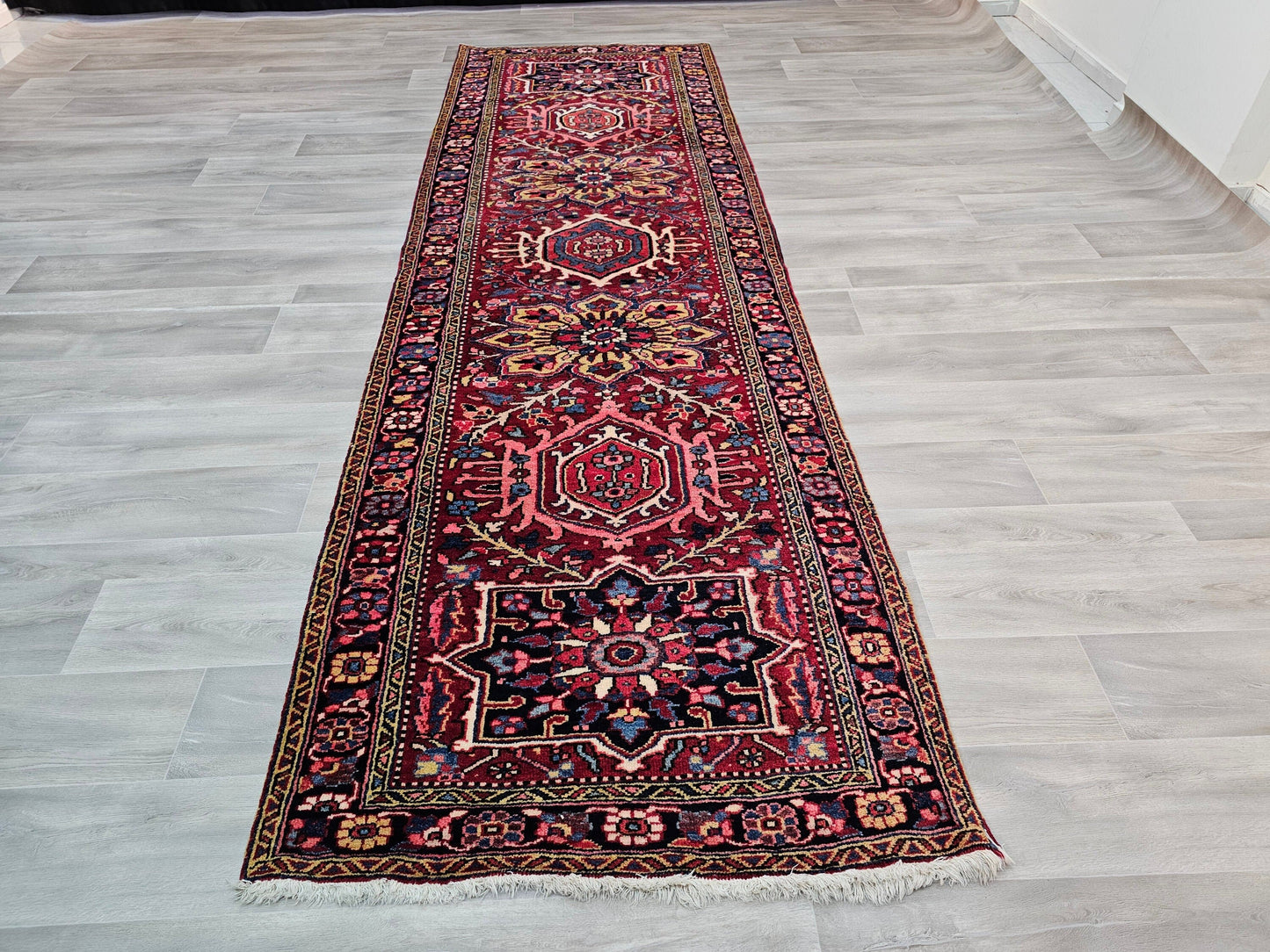 3.60x11.25 feet Hand Knotted Heriz Runner rug for Hallway and Kitchen - Authentic Wool Anatolian Runner Rug - Decorative Runner