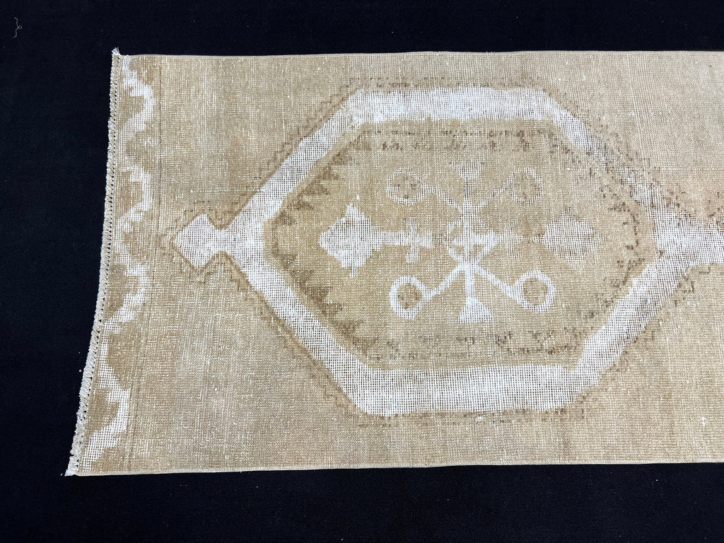 Neutral Distressed Oushak Runner Rug: 3x12 ft Vintage Turkish Hand-Knotted Wool