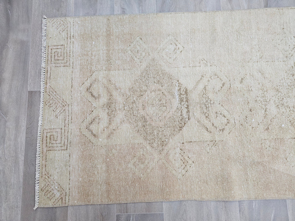 Hand Knotted Turkish Runner Rug 3x12: Vintage Wool Hallway Carpet
