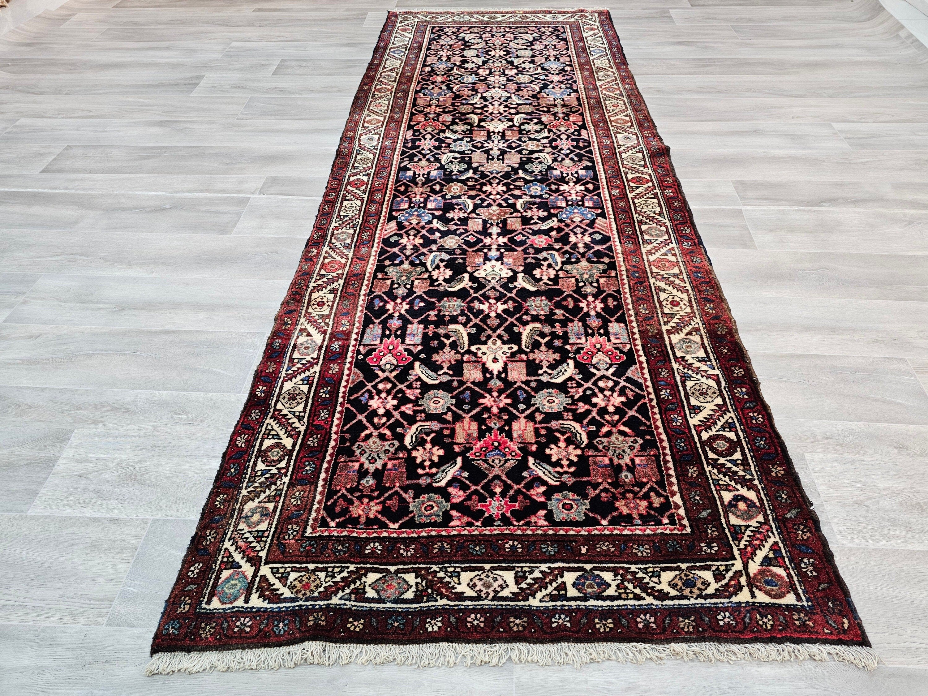 Hand Knotted Wool Runner Rug: Vintage Turkish Hallway Rug (3.70x10 feet)