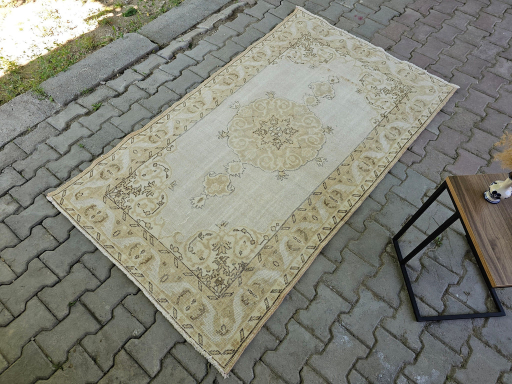 4x7 Hand-Knotted Wool Turkish Rug: Neutral Vintage Entryway Rug