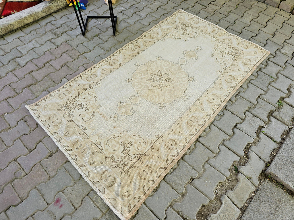 4x7 Hand-Knotted Wool Turkish Rug: Neutral Vintage Entryway Rug