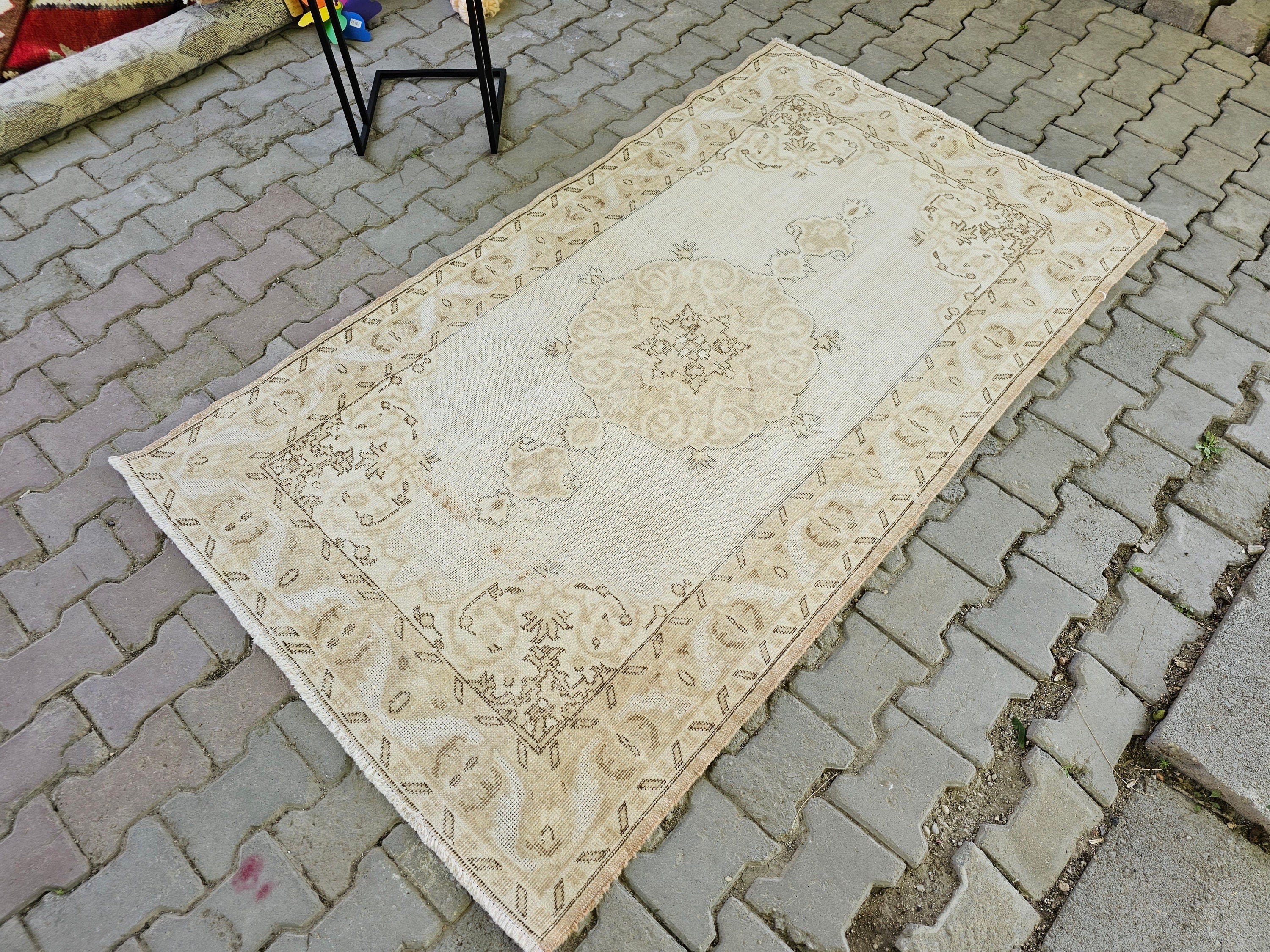 4x7 Hand-Knotted Wool Turkish Rug: Neutral Vintage Entryway Rug
