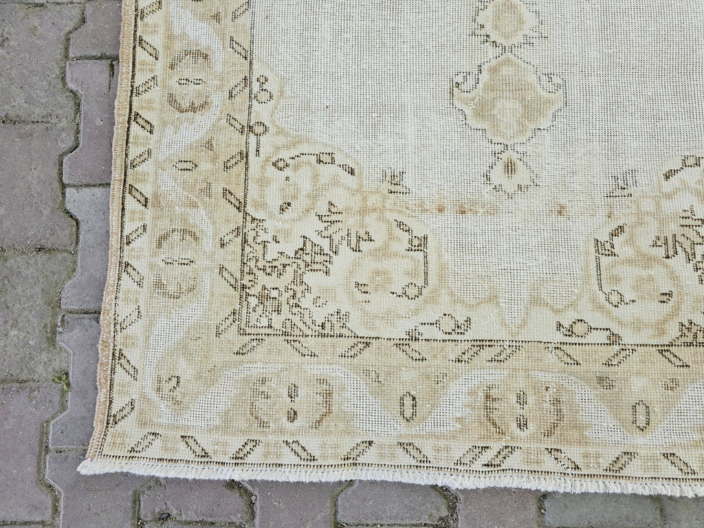 4x7 Hand-Knotted Wool Turkish Rug: Neutral Vintage Entryway Rug