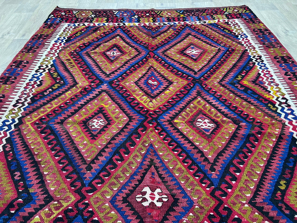 Vintage Turkish Kilim Rug: 6x9 Blue Geometric Wool Rug