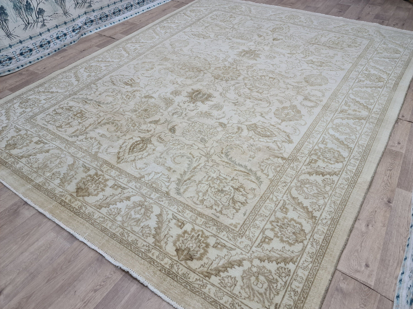 9x12 Neutral Area Rug/ Hand Knotted Wool Vintage Turkish Carpet