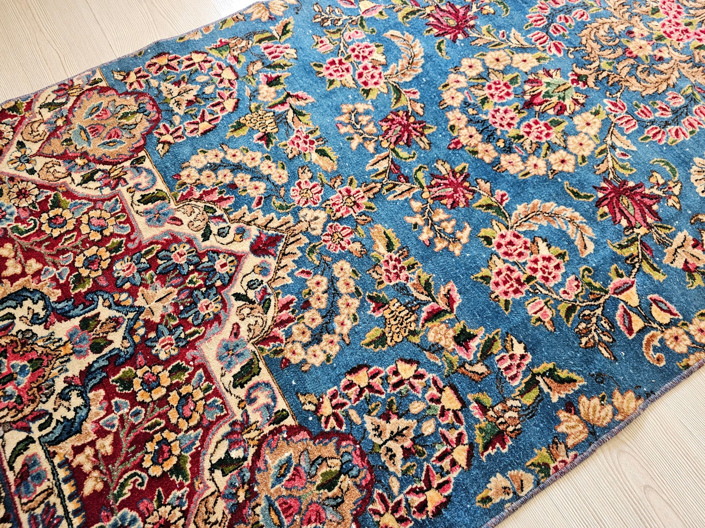 Blue Vintage Runner Rug/2.95x9.50 feet/ Hand Knotted Wool Floral Design Oushak Runner