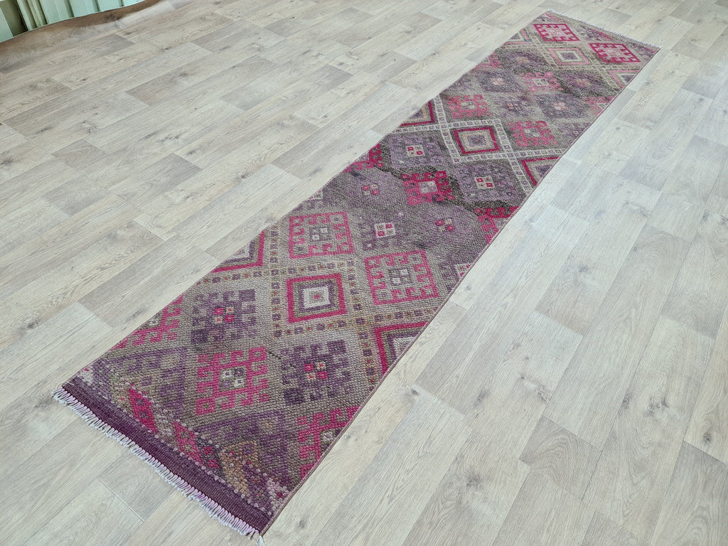 Hand Knotted Wool Herki Runner Rug: Vintage Turkish Hallway Rug