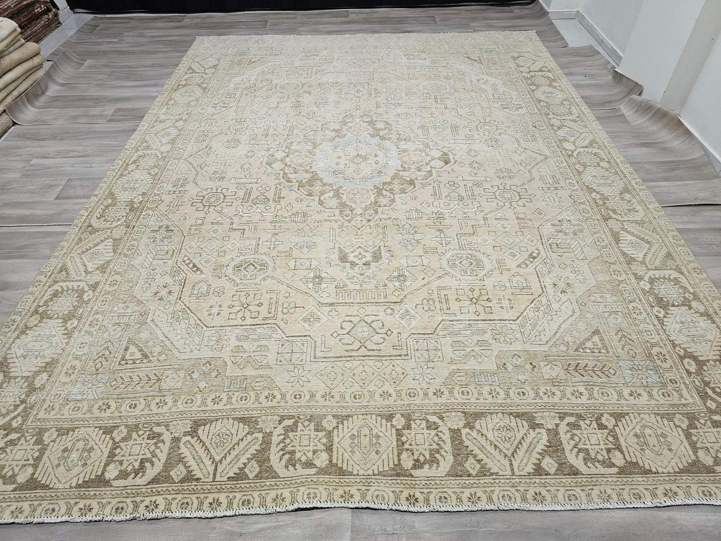 Oversize Neutral Vintage Turkish Oushak Rug Muted Tan Beige Brown  //9.55x12.30 feet