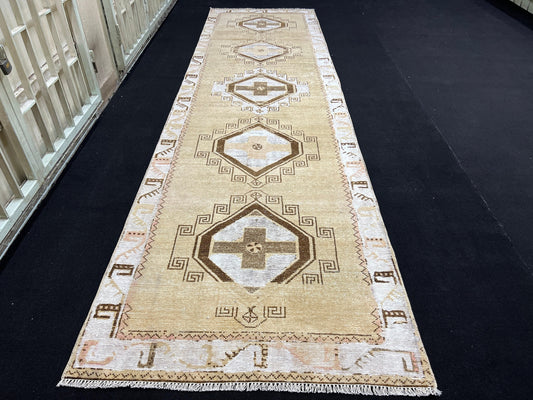 Wide Vintage Runner 4x13 - Beige Brown Cream Oriental Wool Runner Rug - Neutral Turkish Runner - Muted Oushak Runner