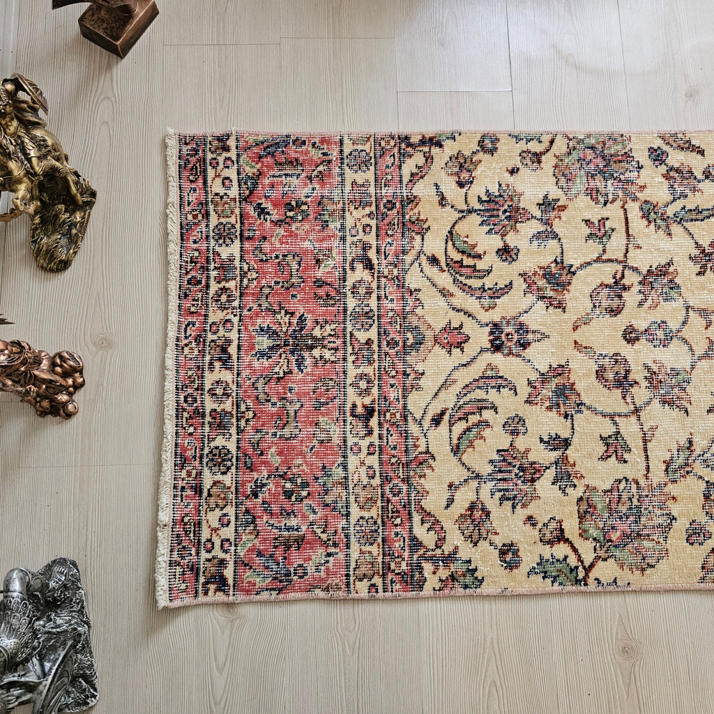 Vintage Turkish Oushak Runner Rug: Floral Wool Hallway Rug (2.4x10 ft)