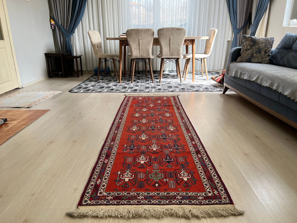 Antique Avşar Soumak Rug Runner: 3x9 Vintage Wool Hallway Rug