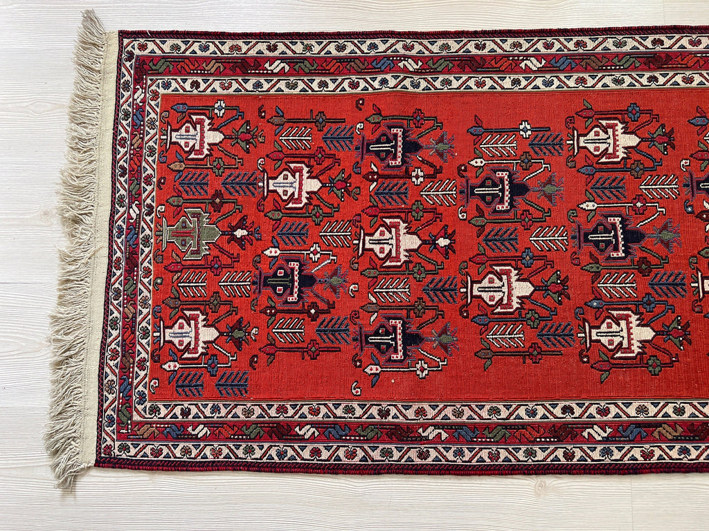 Antique Avşar Soumak Rug Runner: 3x9 Vintage Wool Hallway Rug