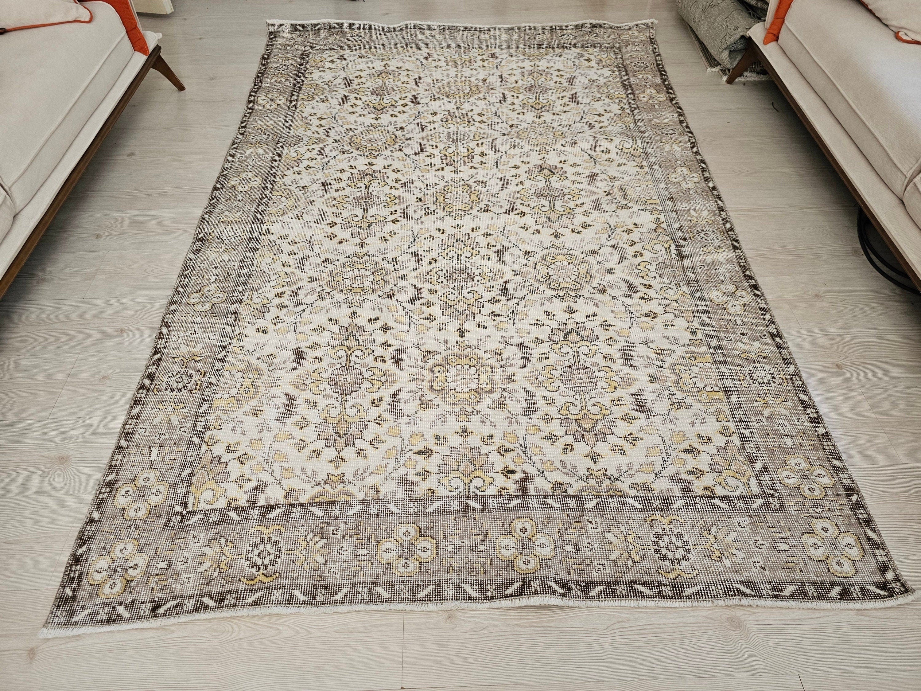 5x8 Vintage Cream Floral Design Wool Turkish Rug // 5.35x8.30 feet