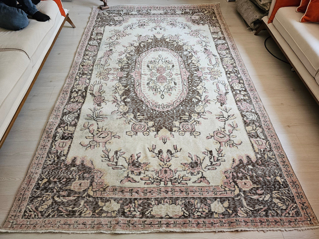 Handwoven Wool Oushak Rug: 6x9 Vintage Bohemian Area Rug