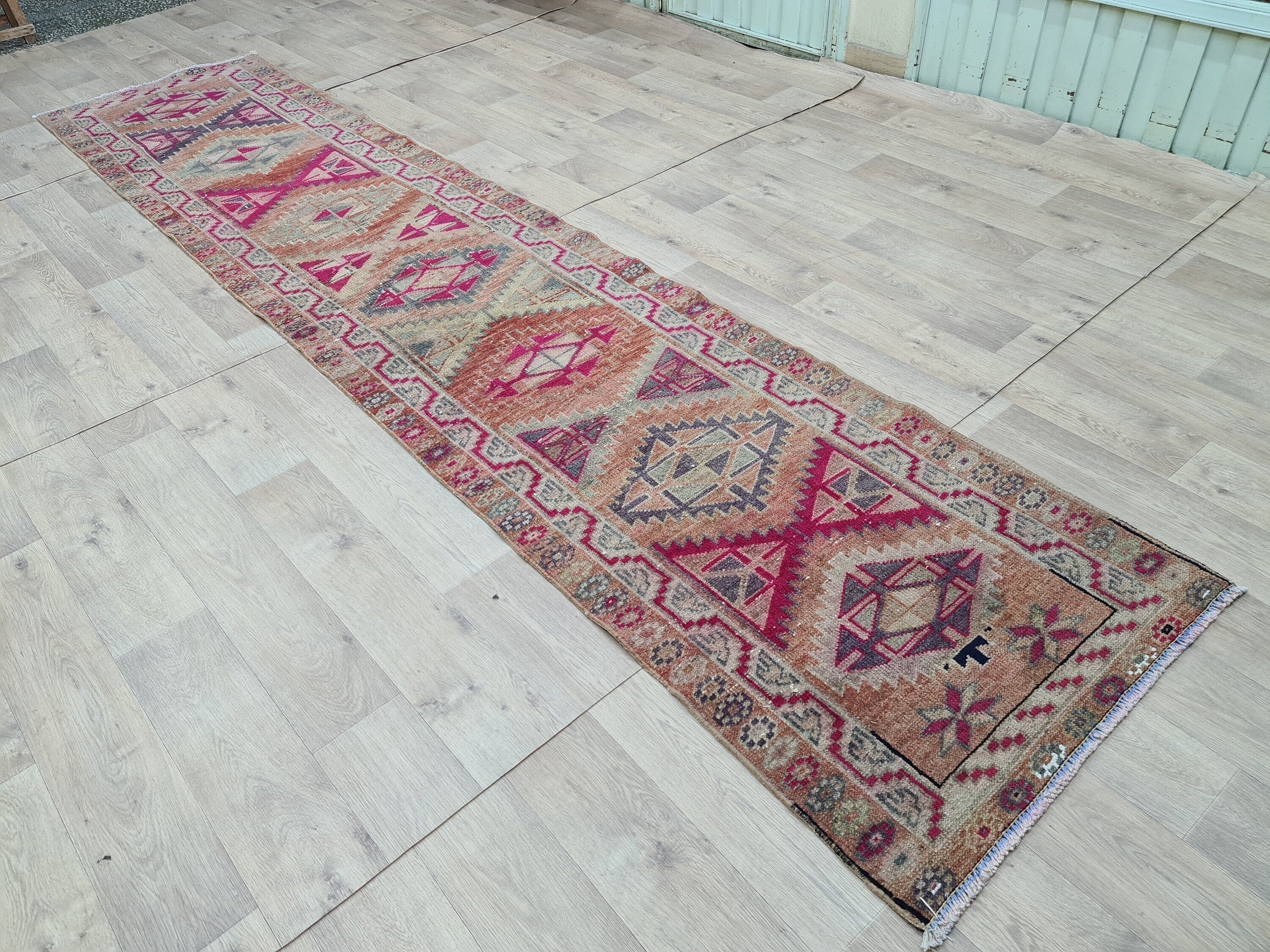 Hand Knotted Herki Runner Rug: Muted Colorful Vintage Stair Runner (2.9x13 ft)