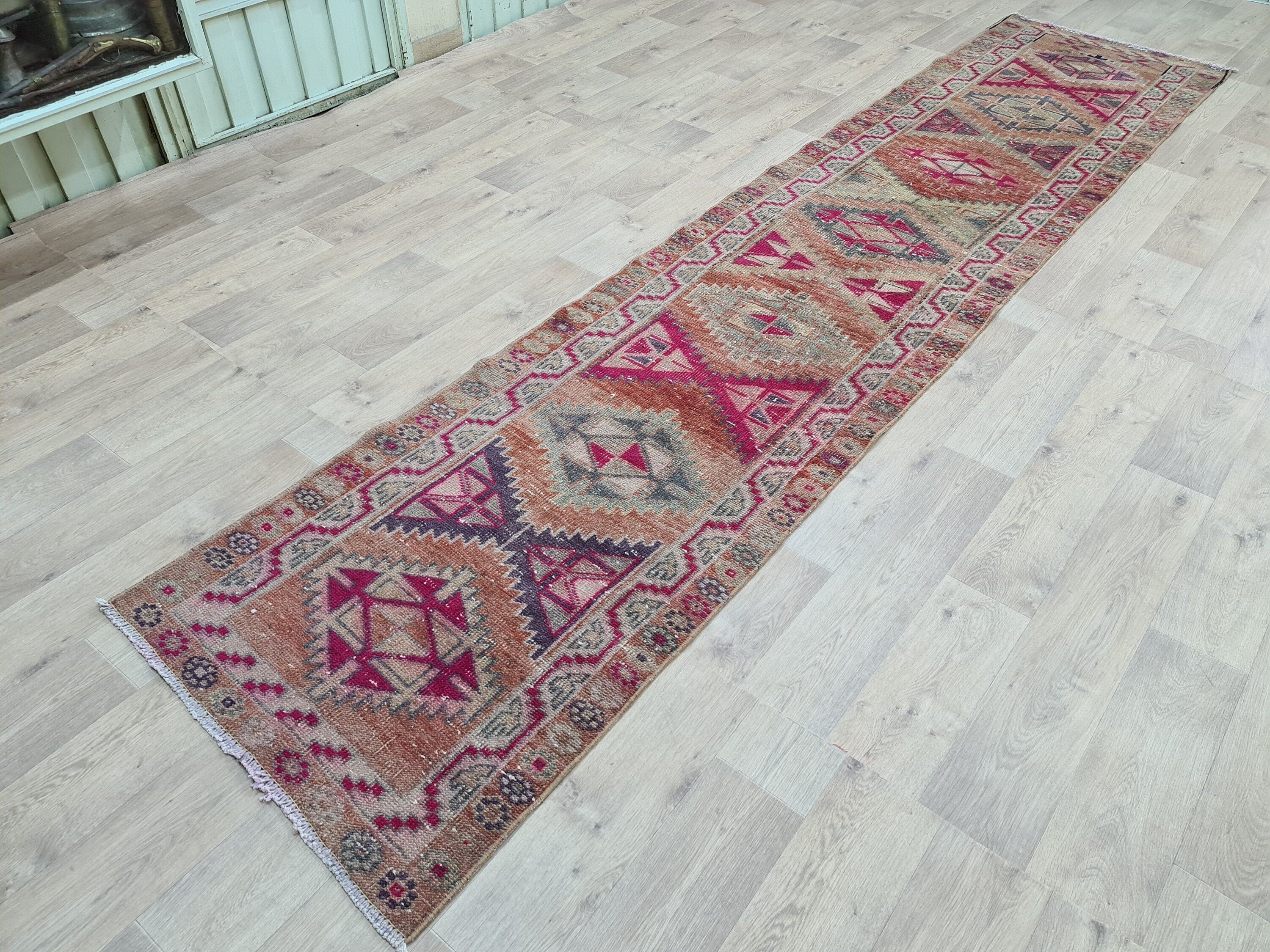 Hand Knotted Herki Runner Rug: Muted Colorful Vintage Stair Runner (2.9x13 ft)