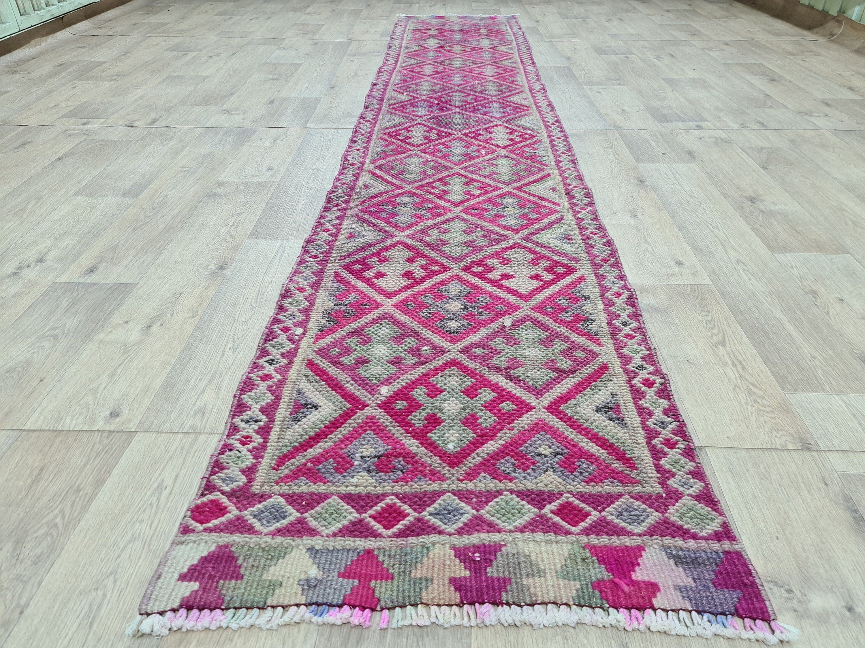 Vintage Hand Knotted Wool Runner Rug: Colorful Herki Design (2.23 x 12 ft)