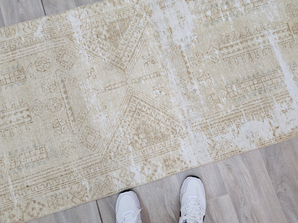 Hand Knotted Wool Runner Rug: Neutral Beige Turkish Oushak, 3x11