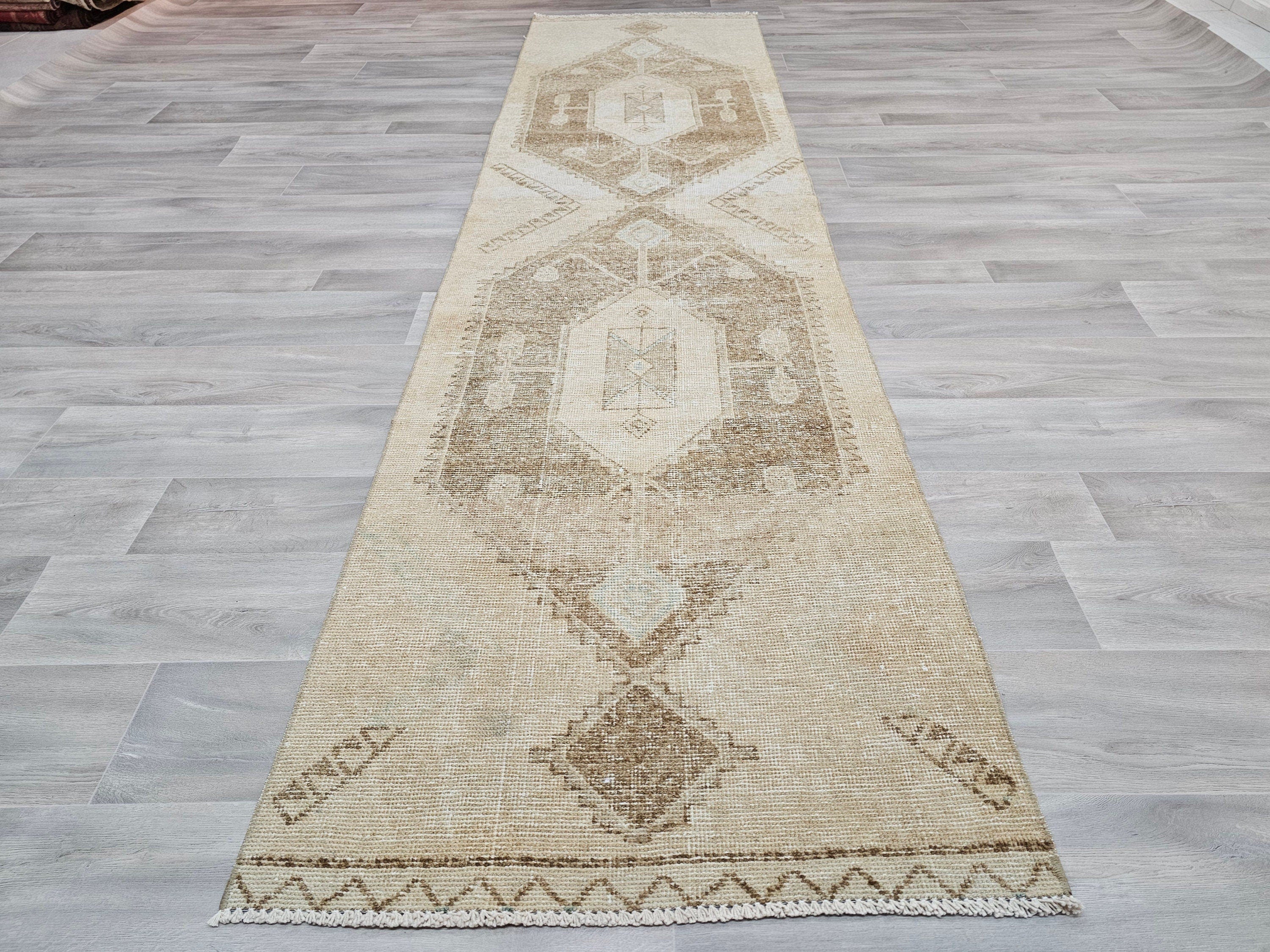 Neutral Turkish Oushak Runner Rug: Hand-Knotted Wool Boho Decor (3x11.5 ft)
