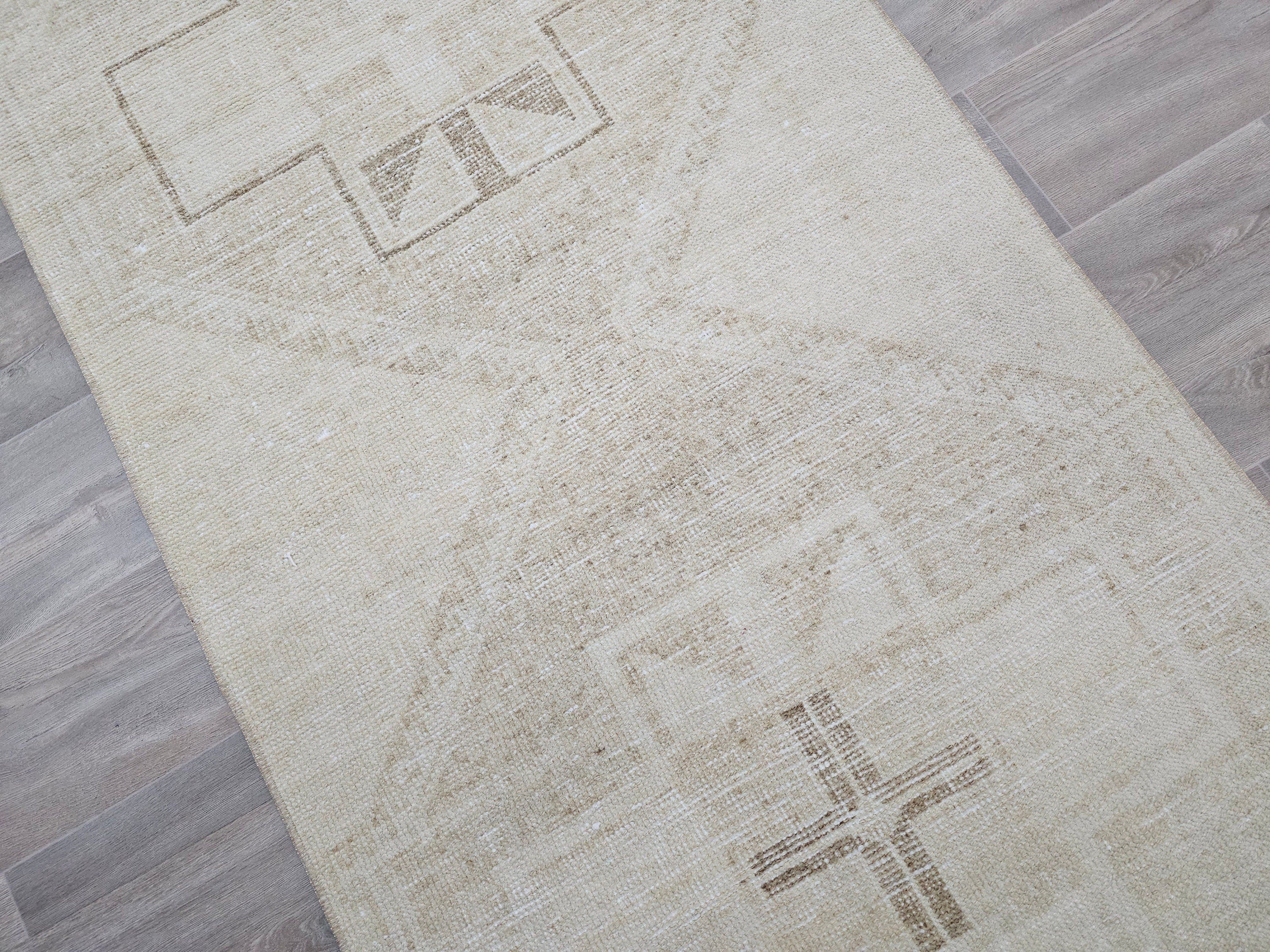 Hand Knotted Wool Oushak Runner Rug: 3x12 Neutral Turkish Rug