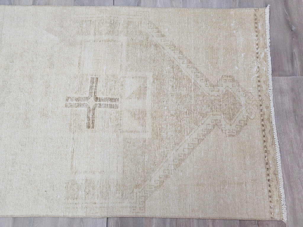 Hand Knotted Wool Oushak Runner Rug: 3x12 Neutral Turkish Rug