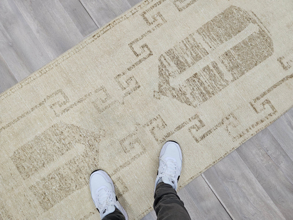 Hand Knotted Wool Turkish Runner Rug: Neutral Scandinavian Hallway Decor (3x13)