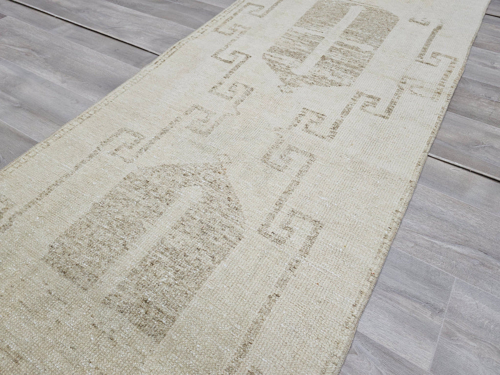 Hand Knotted Wool Turkish Runner Rug: Neutral Scandinavian Hallway Decor (3x13)