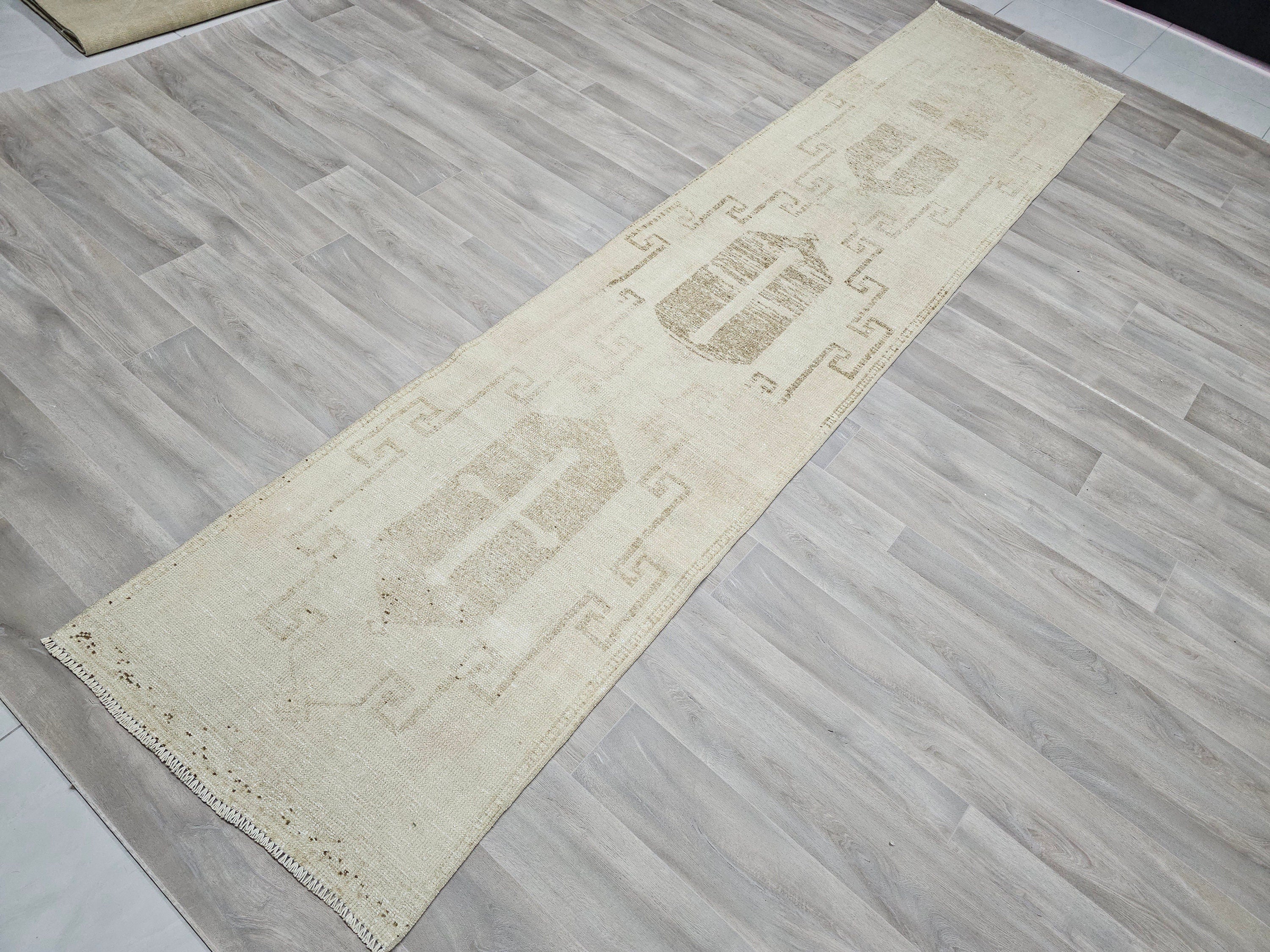 Hand Knotted Wool Turkish Runner Rug: Neutral Scandinavian Hallway Decor (3x13)