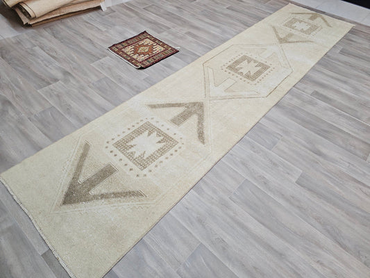 3x13 Neutral Turkish Oushak Runner - Hand Knotted Vintage Wool Runner Rug - Anatolian runner - Boho runner rug for Hallway and Kitchen