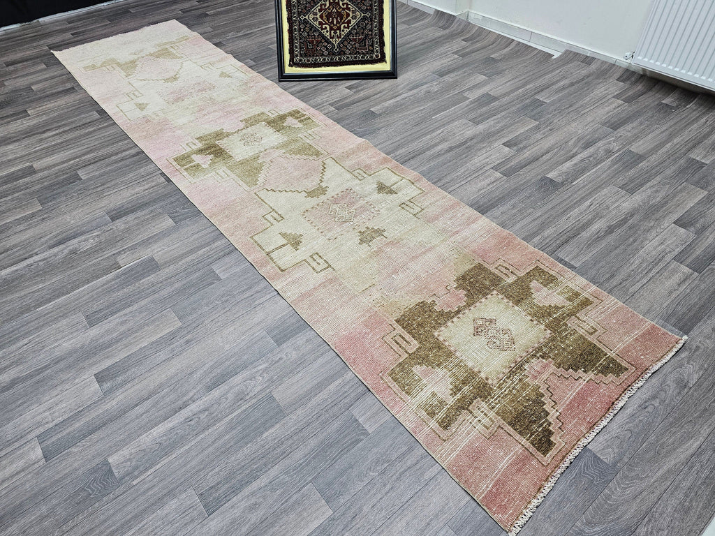 Handmade Wool Turkish Runner Rug: 3x13 Pink Vintage Oushak Design