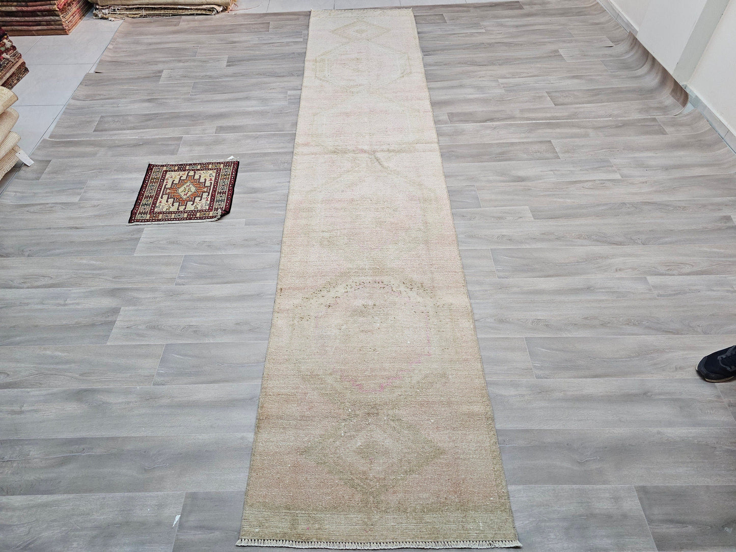 3x14 Long Neutral Turkish Runner Rug - Long Hallway Runner Rug - Vintage Oushak Runner - Stair Rug Runner - Muted Rug Runner / 2.90x14 feet