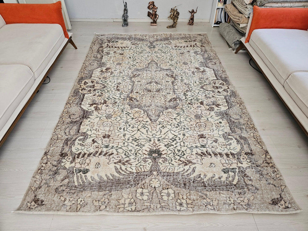 Hand Knotted Wool Turkish Oushak Rug 6x9: Vintage Anatolian Design