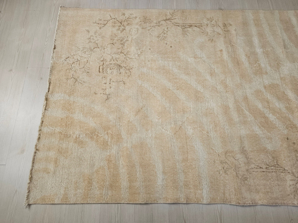 5x8 Vintage Turkish Wool Rug: Neutral Oushak Area Rug