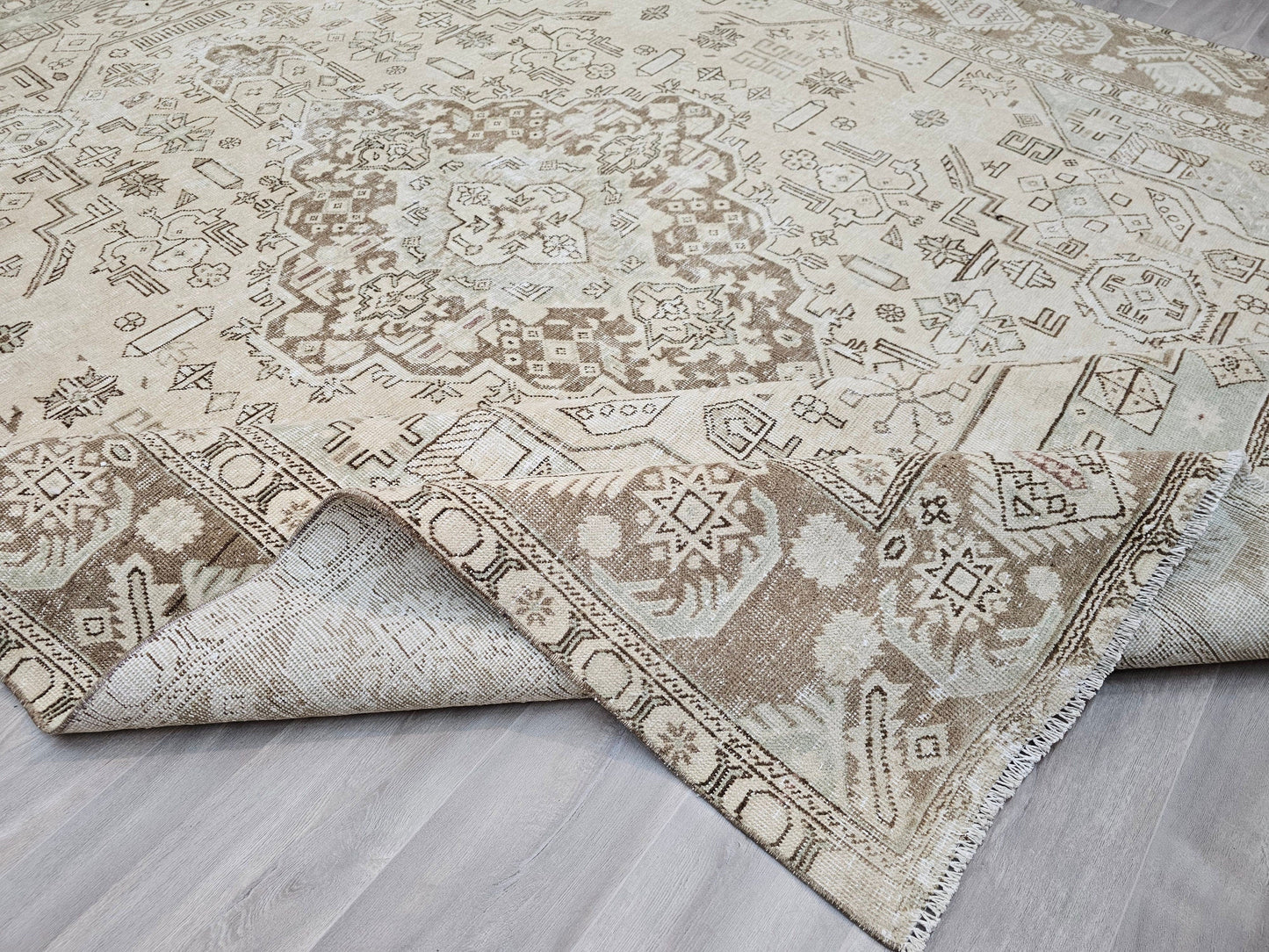 9x12 Hand Knotted Wool Vintage  Turkish Rug - Oushak Rug 9x12 - Neutral Area Rug - Beige and Sage Green Heriz rug //9.80x12.50 feet