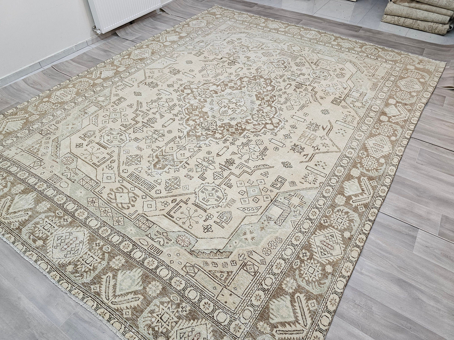 9x12 Hand Knotted Wool Vintage  Turkish Rug - Oushak Rug 9x12 - Neutral Area Rug - Beige and Sage Green Heriz rug //9.80x12.50 feet