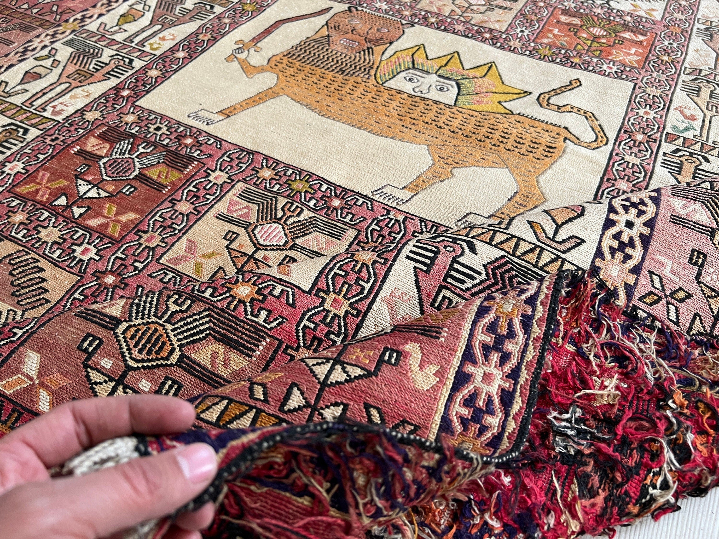 Vintage Silk Soumak Rug: Hand-Embroidered Kilim, Decorative Anatolian Rug (4.25x6.80 ft)