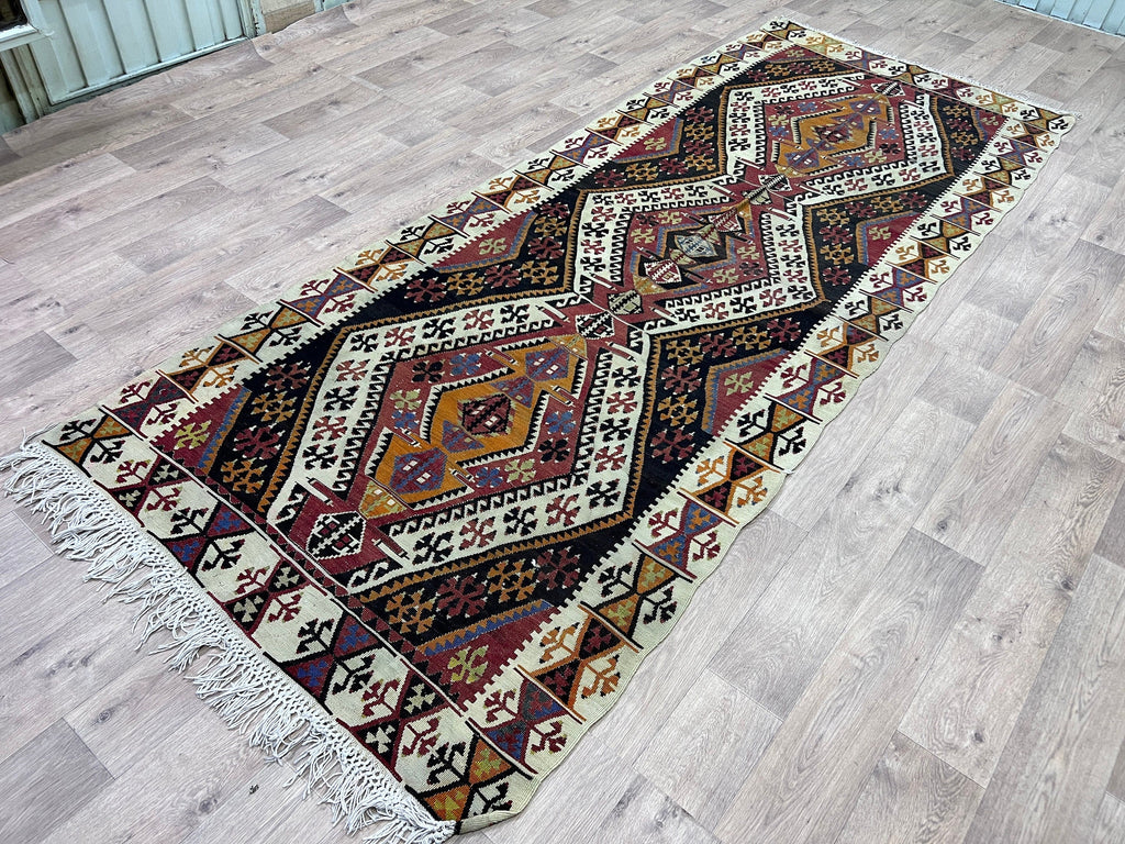 Vintage Turkish Kilim Runner: Wide Vegetable Dyed Wool Rug
