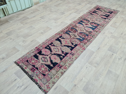 Narrow Colorful Vintage Runner Rug - 2.55x10.7 feet - Wool Low Pile Hand Loon Runner Rug - Oriental Runner Rug for Hallway and Kitchen