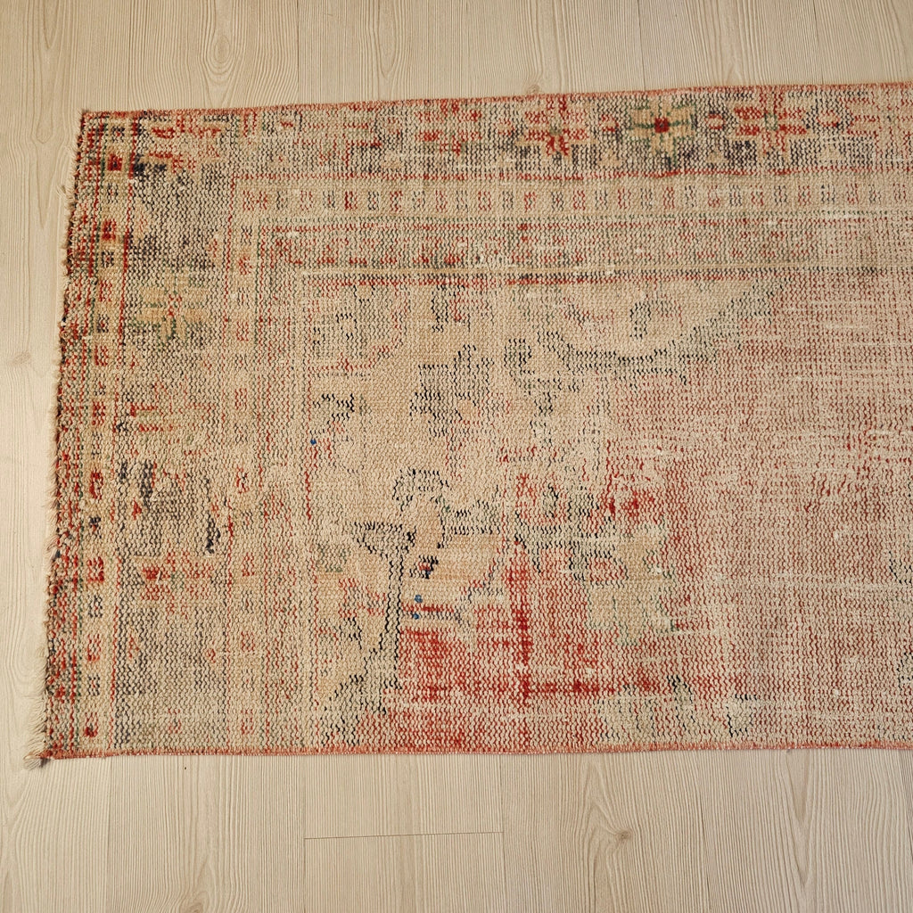 Vintage Turkish Runner Rug: Handwoven Wool Oushak, 9 ft Faded Hallway Rug